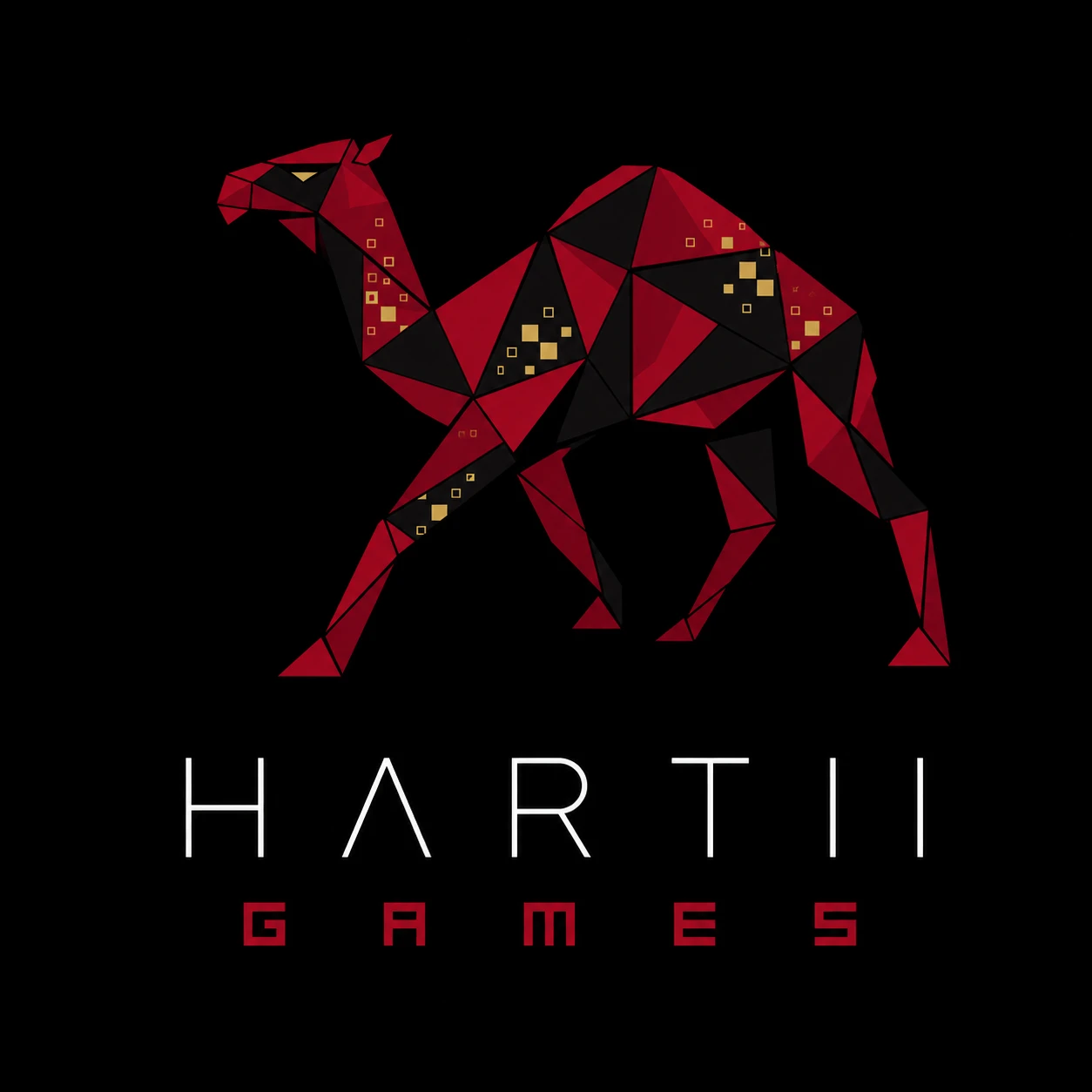 Hartii's original faceted crimson and black camel, with its pixel details.